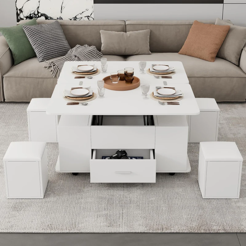 Modern Lift-Top Coffee Table with Hydraulic Lift and Hidden Storage, Versatile Unit with 4 Stools and Drawer, 100L x 50W x 45H cm, White