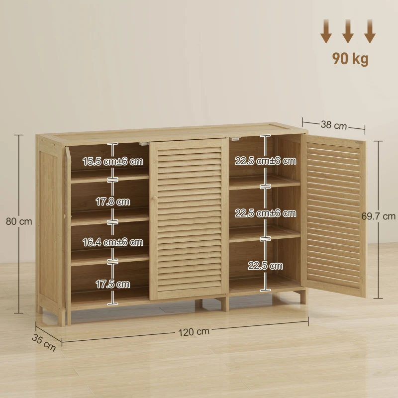 HOMCOM Bamboo Shoe Cabinet with Louvered Doors, 18 Pairs Shoe Storage Cabinet with Adjustable Shelves for Hallway, Natural