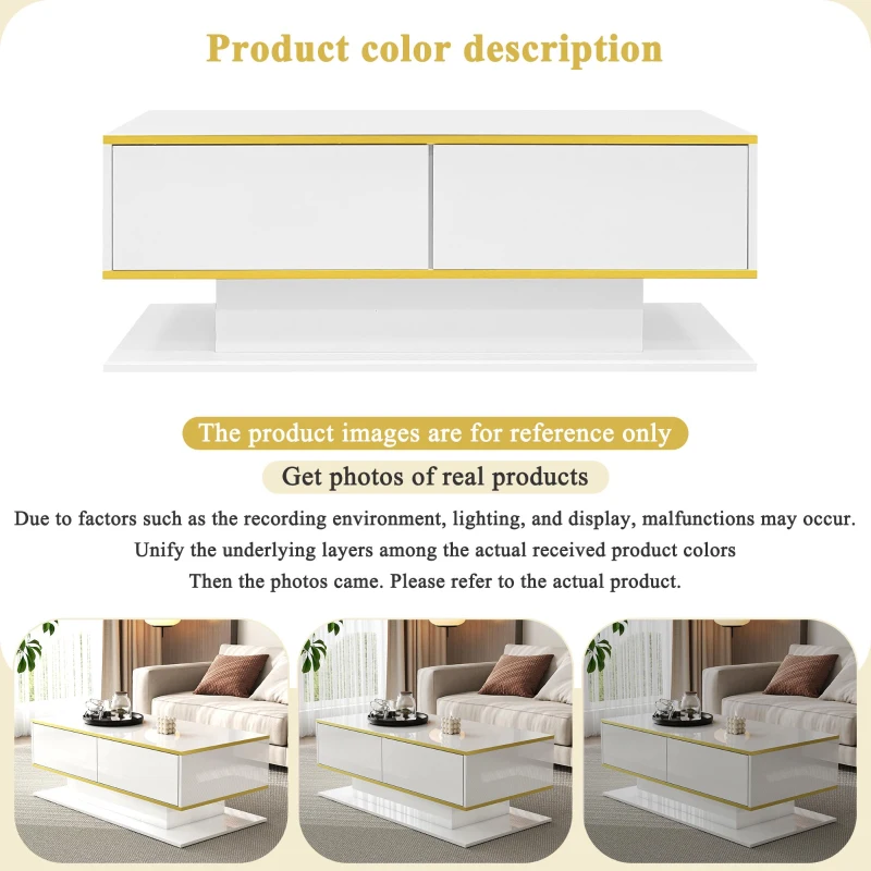 Modern LED Coffee Table with High-Gloss Finish and Gold Accents, Illuminated Unit with Drawers and Storage, 100L x 50W x 40H cm, White