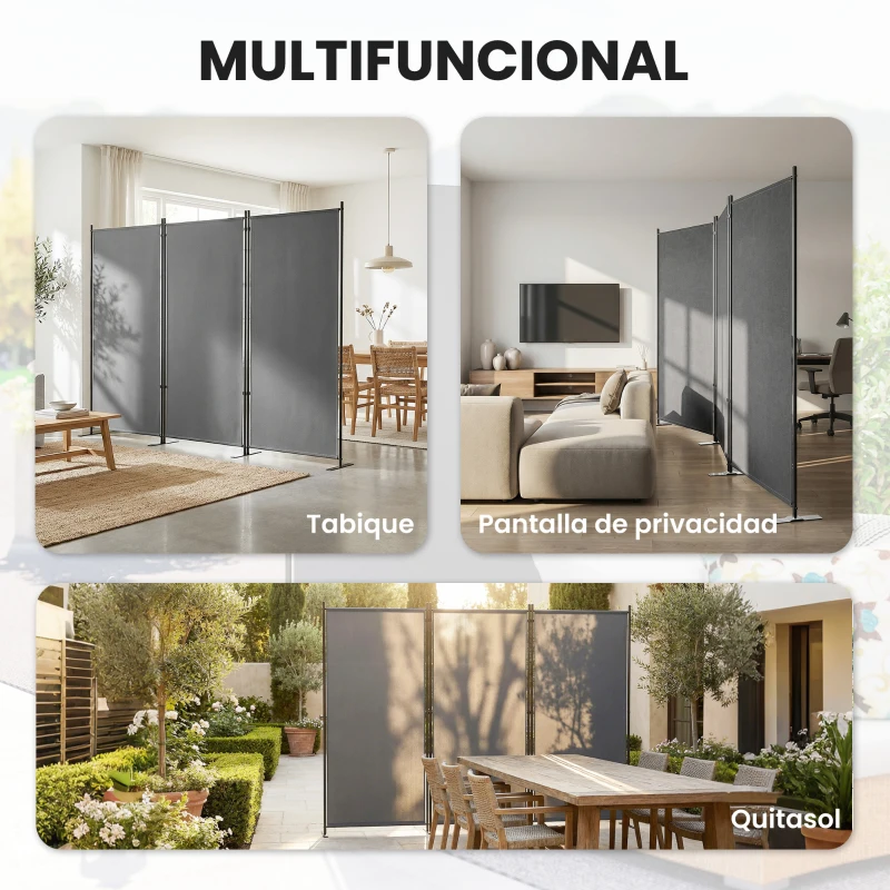 Outsunny Biombo Plegable de 3 Paneles 260x180 cm Biombo Separador de Ambientes con Soporte de Metal UPF 30+ Gris Oscuro