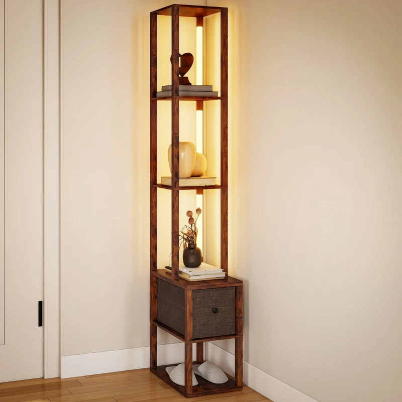 HOMCOM LED-staande lamp met planken, instelbare helderheid, voetschakelaar voor slaapkamer, rustiek bruin