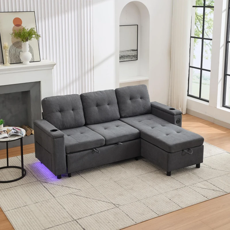 L-Shaped 3-Seater Sofa Bed with Hidden Storage, App-Controlled LED Light, Pull-Out Sofa for Compact Areas, 208L x 146W x 89.5H cm, Grey