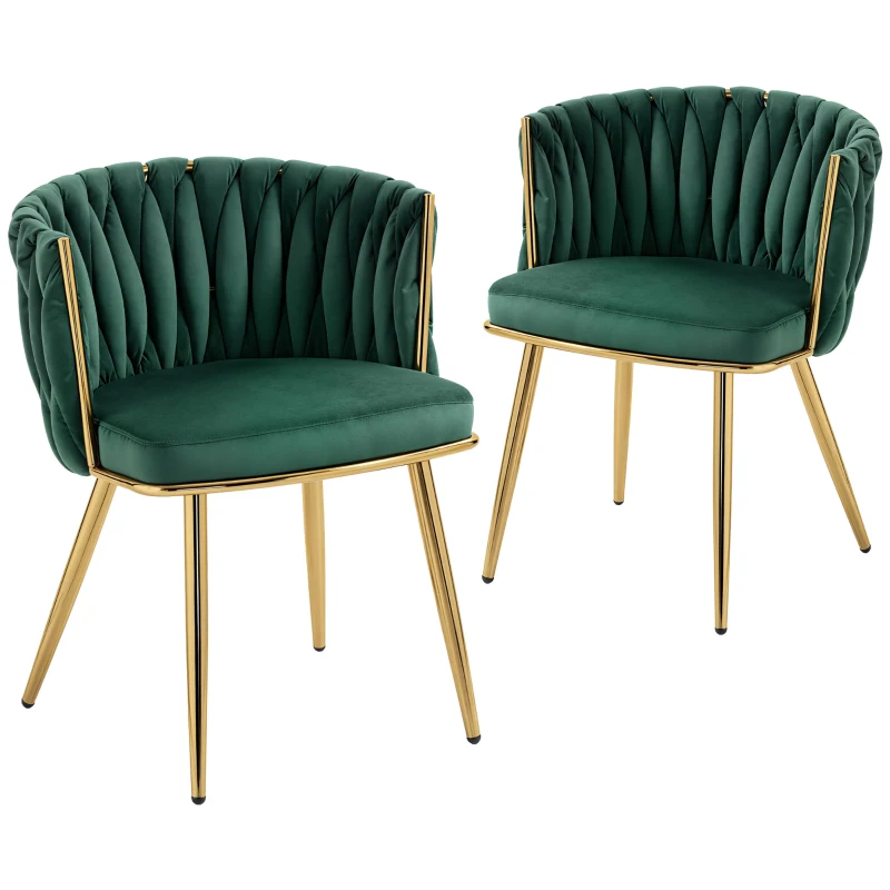 HOMCOM Velvet-Feel Dining Chairs Set of 2, Modern Upholstered Kitchen Chairs with Woven Backrest and Armrests, Metal Legs and Padded Seat for Dining Room, Bedroom, Living Room, Dark Green