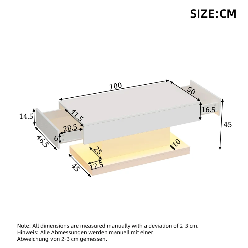 T-shaped Coffee Table with 2 Drawers and App-Controlled LED Strip, High-Gloss Centre Table for Living Room, 100L x 50W x 45H cm, White