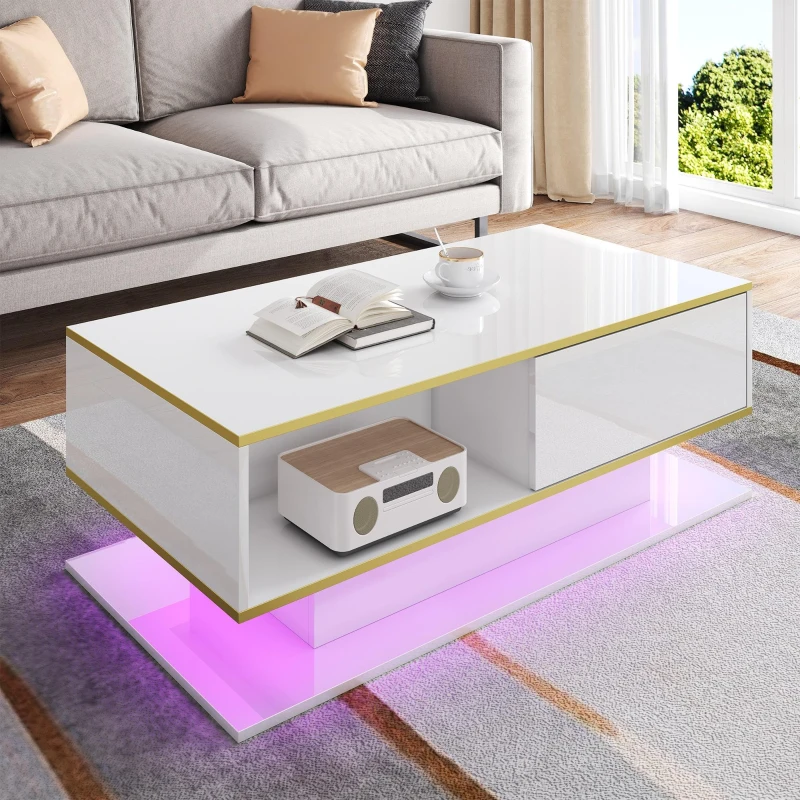 Modern LED Coffee Table with High-Gloss Finish and Gold Accents, Illuminated Unit with Drawers and Storage, 100L x 50W x 40H cm, White