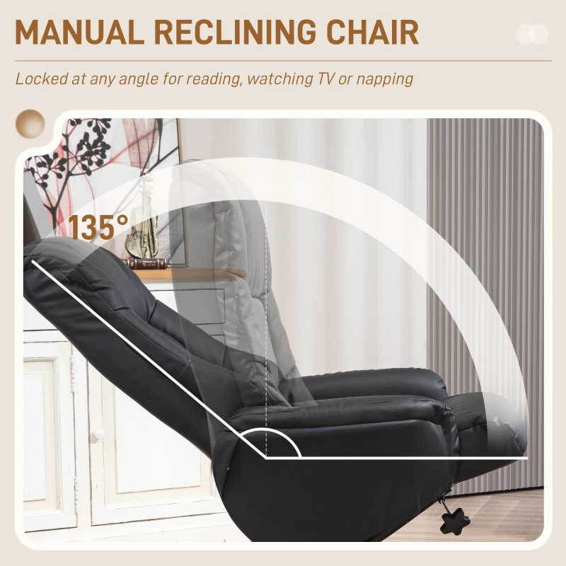 HOMCOM Rocking Recliner Chair with Footstool, PU Leather Recliner Armchair with Wood Base, Upholstered Reclining Chair for Living Room Bedroom, Black