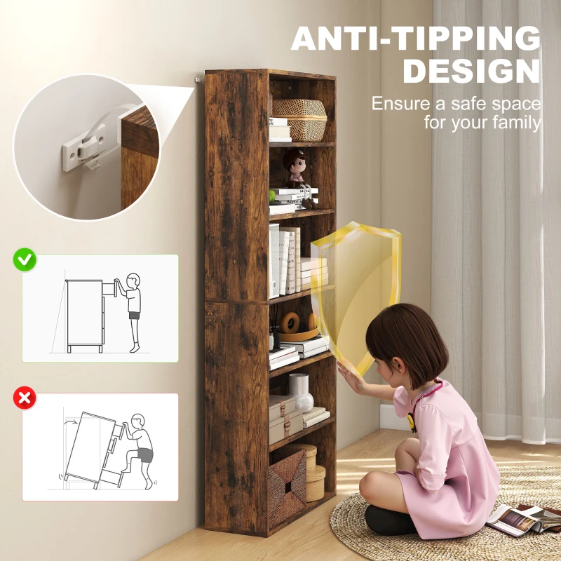 HOMCOM Six Shelf Bookcase - Rustic Brown