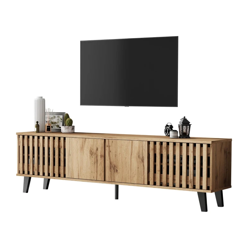 Modern Vintage TV Stand with Sturdy Five-Legged Support, Spacious Unit with 4 Openwork Doors and 9 Shelves, 180L x 40W x 55H cm, Wood