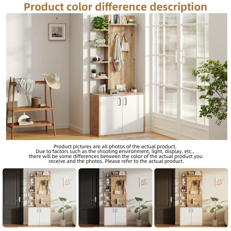Hall Tree Coat Rack with Shoe Cabinet and 5 Open Shelves, Double‑door Storage for Narrow Entrance, 75L x 33W x 180H cm, White+Oak
