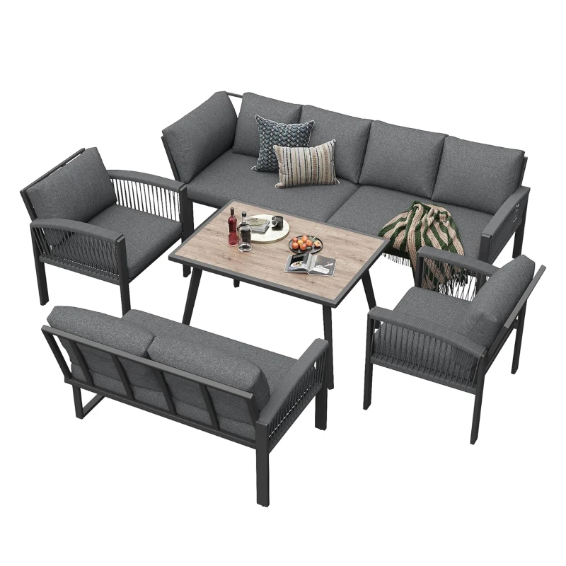 Stylish Garden Lounge Set with Galvanised Iron Frame and Wood‑Grain Table, Large Sofas and Table for 8 People, 124L x 69W x 86H cm, Gray
