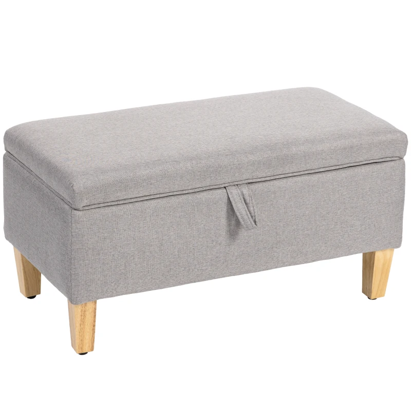 HOMCOM 30L Linen Storage Ottoman Padded Footstool with Rubberwood Legs for Storage Box, Bed End, Shoe Bench, Seating, Light Grey