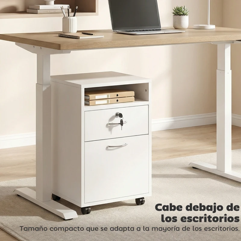 HOMCOM Cajonera de Oficina con Cajón con Cerradura y Armario con Ruedas Soporte de Impresora para Estudio 40x35x60 cm Blanco