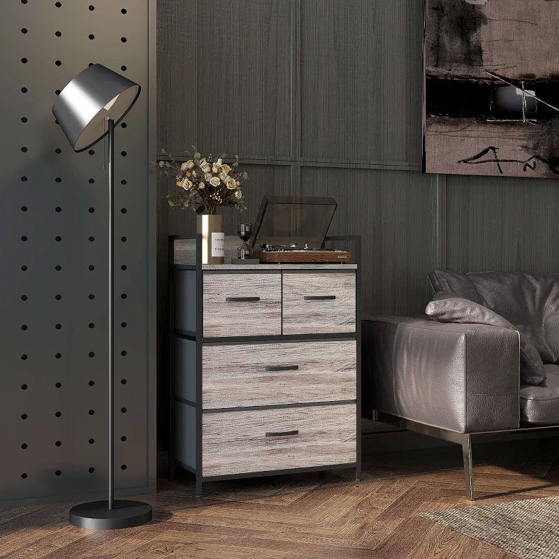 HOMCOM Cómoda con 4 Cajones de Tela Plegables Industrial Estante Abierto Marco de Acero Cajonera para Espacios Pequeños Gris