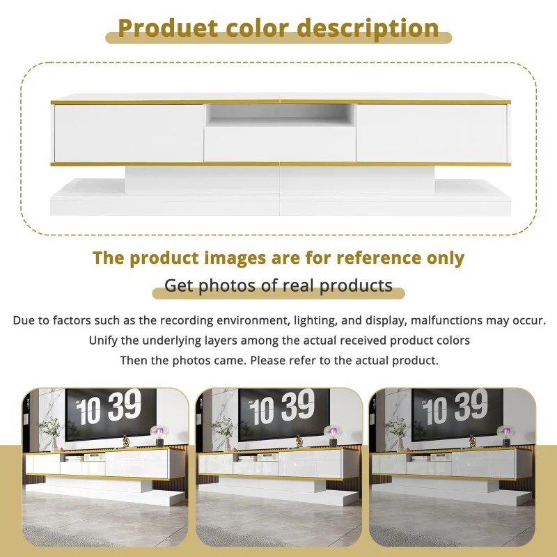 Modern LED TV Cabinet with High-Gloss Finish and Metallic Trim, Spacious Unit with Open Compartment, 180L x 38W x 45H cm, White