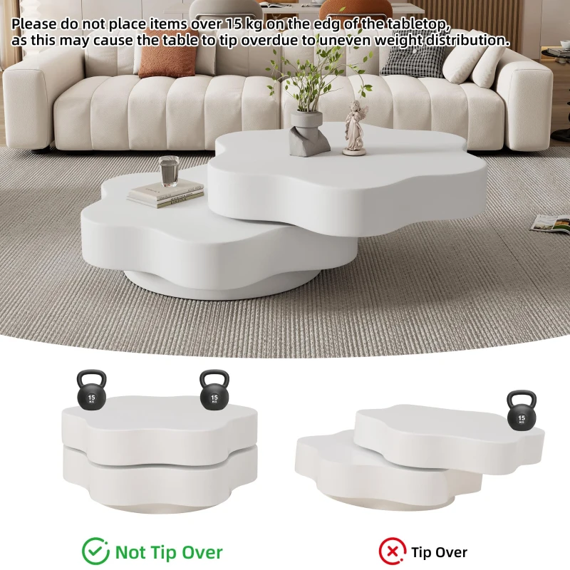 Flower-Shaped Coffee Table with 2 Shelves and Double-Tier Design, 360° Rotating Tabletop for Living Room, 75L x 67.5W x 31H cm, White