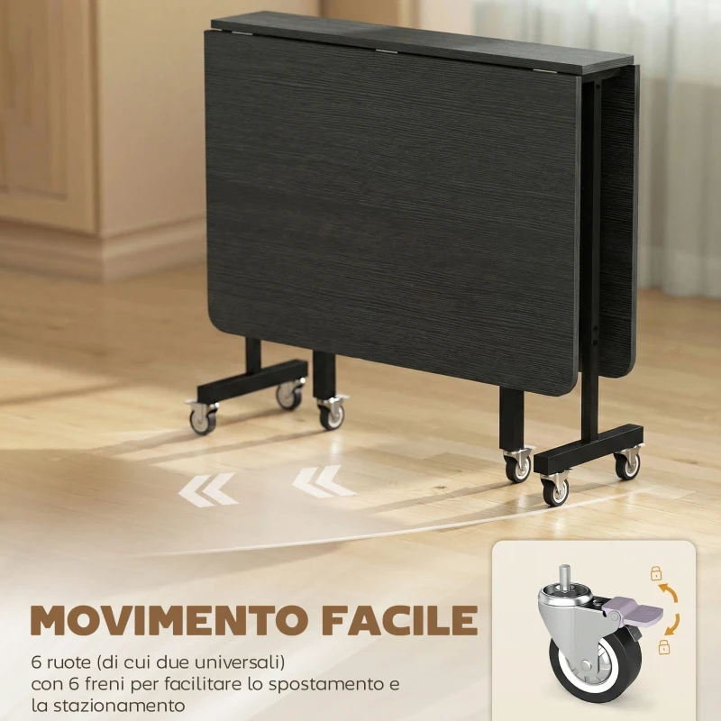 HOMCOM Tavolo Pieghevole per 4-6 Persone con 2 Ribalte e Ruote con Freno, 120x80x73 cm, Nero Effetto Legno