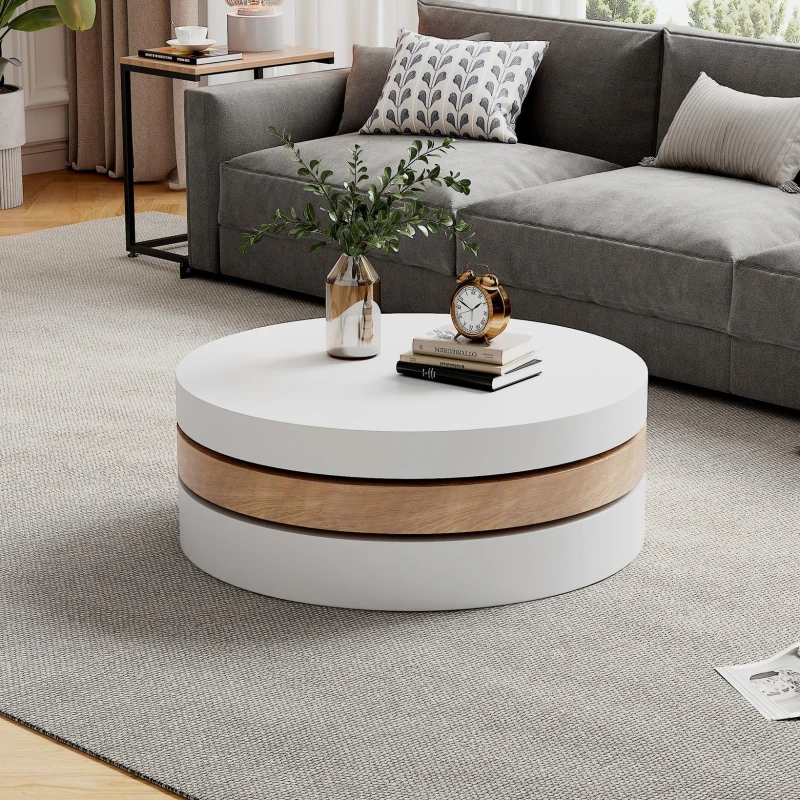 Round Coffee Table with Rotating Hidden Storage Sections, Space-Saving Table for Modern Living Spaces, 60L x 60W x 35H cm, White+Wood