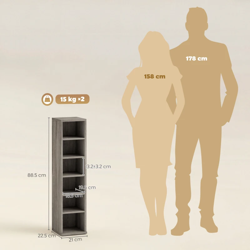 HOMCOM Set of 2 CD Media Display Shelf Unit Tower Rack with Adjustable Shelves, Distressed Grey