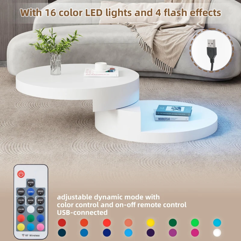 Round Rotating Coffee Table with Remote-Controlled LED Strip, Space-Saving Tabletop with Double-Layer Storage, 70L x 70W x 35.5H cm, White