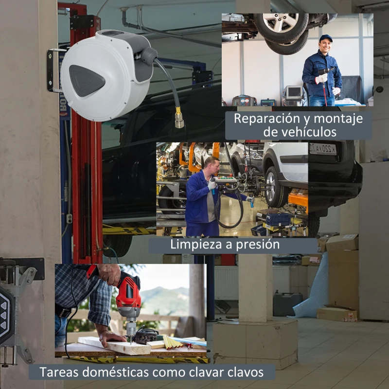 DURHAND Carrete de Manguera de Aire Comprimido Automático de 20 m Conector de 1/4'' BSP Soporte para Pared Giratorio 180° Gris