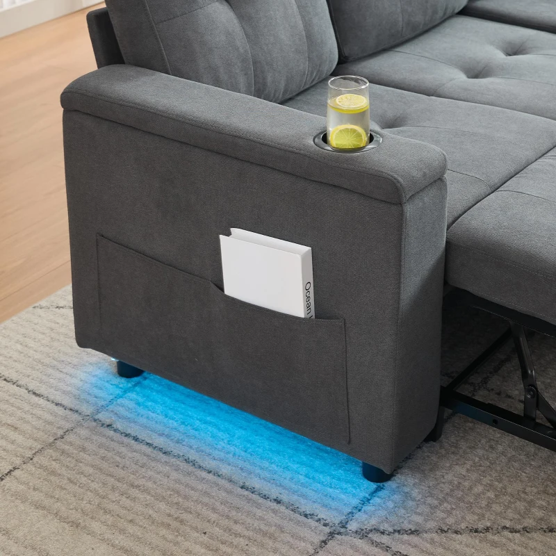 L-Shaped 3-Seater Sofa Bed with Hidden Storage, App-Controlled LED Light, Pull-Out Sofa for Compact Areas, 208L x 146W x 89.5H cm, Grey