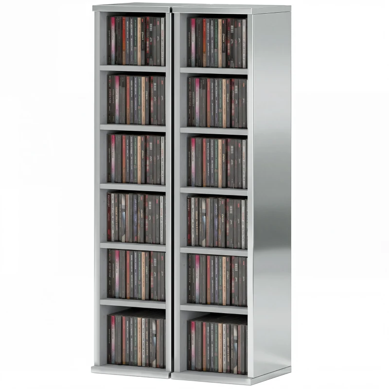 HOMCOM Set of 2 CD Media Display Shelf Unit Tower Rack with Adjustable Shelves, High Gloss Grey