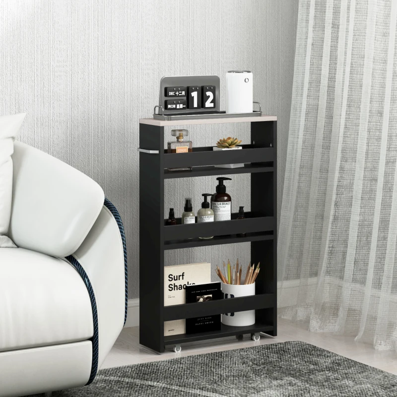 kleankin Carrito Auxiliar con Ruedas de 3 Niveles Carrito de Cocina Estrecho con 3 Estantes Tablero y Asa 48x15x80 cm Negro