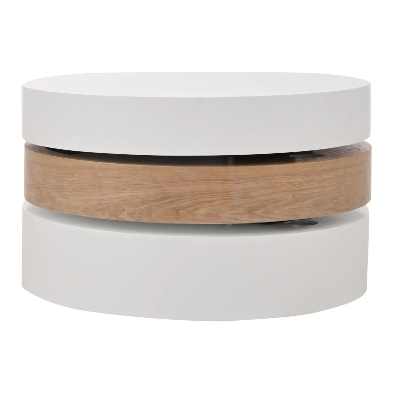 Round Coffee Table with Rotating Hidden Storage Sections, Space-Saving Table for Modern Living Spaces, 60L x 60W x 35H cm, White+Wood