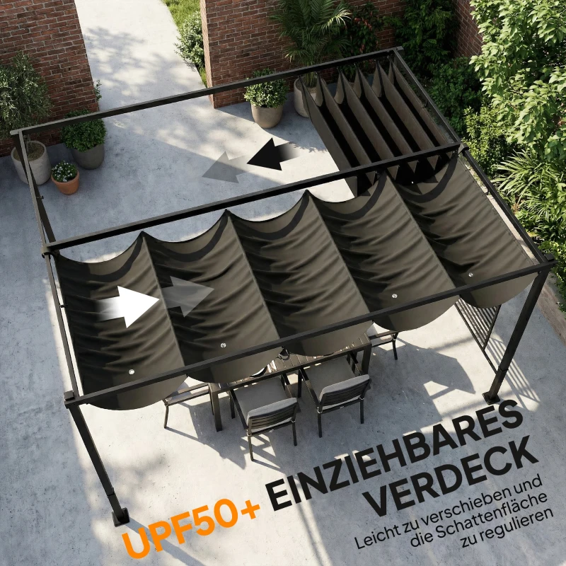 Outsunny Pergola 3,87 x 2,97 m Terrassenüberdachung mit Schiebedach, 2 Sichtschutz, UV 50+ Dunkelgrau