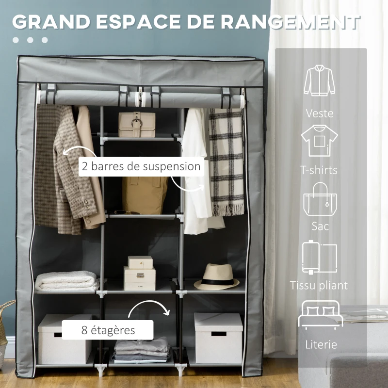 HOMCOM Armoire penderie multi-rangement - 8 étagères, 2 barres - non tissé gris