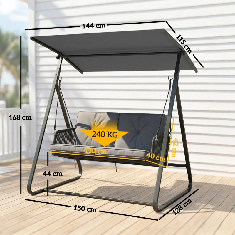 Outsunny Balanço Estilo Hollywood em Rattan 2 Lugares Balanço de Jardim com Toldo Solar Ajustável Almofada Macia Estrutura em A