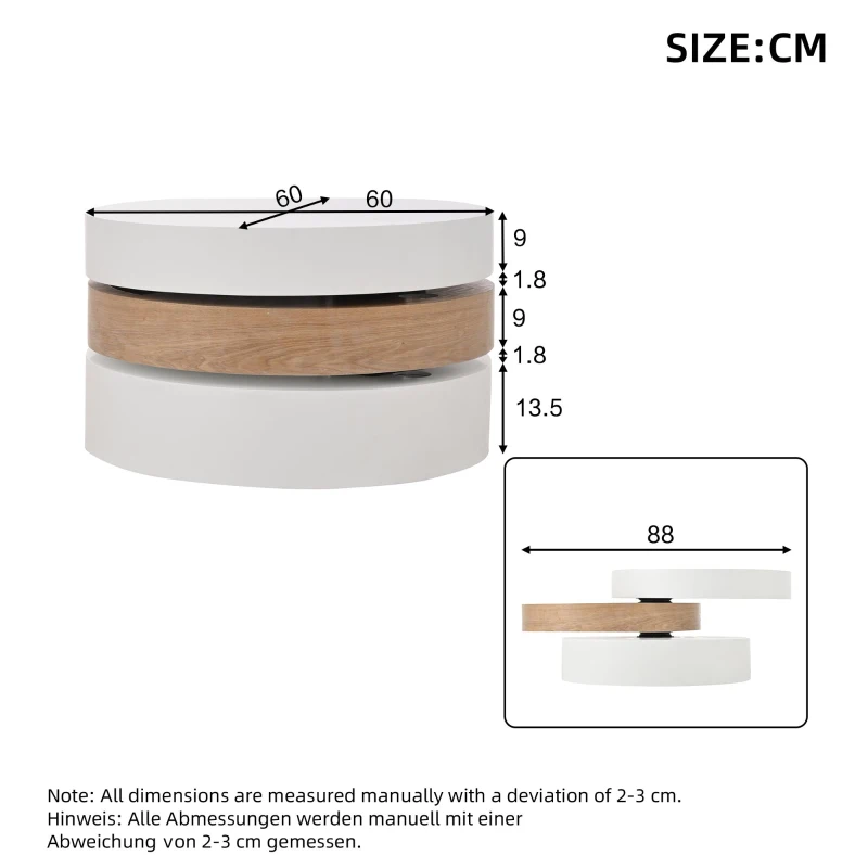 Round Coffee Table with Rotating Hidden Storage Sections, Space-Saving Table for Modern Living Spaces, 60L x 60W x 35H cm, White+Wood