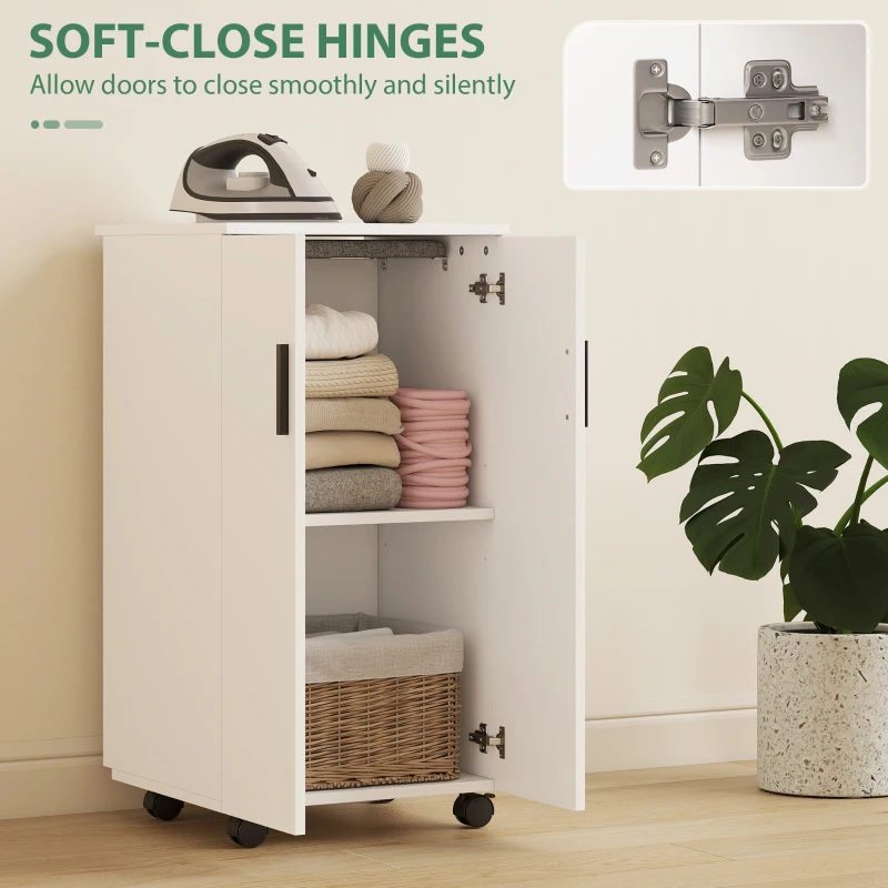HOMCOM Armoire-table à repasser pliable 2-en-1 sur roulettes avec planche à repasser et étagère réglable pour petits espaces, Blanc