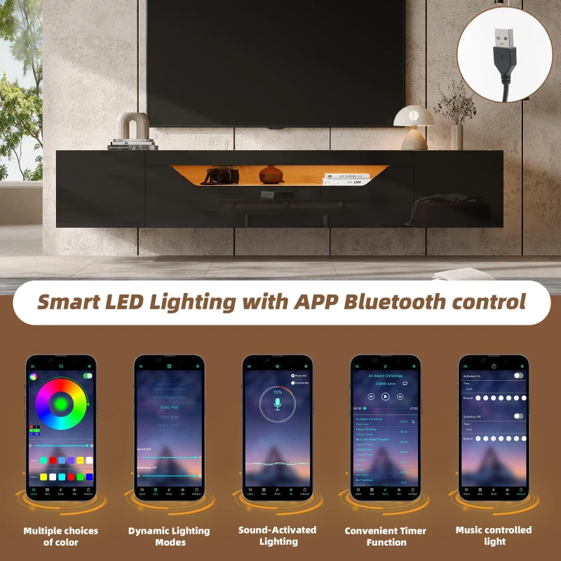 Floating TV Stand with App-Controlled LED Strip and Pull-Down Door, Wall-Mounted TV Unit with Storage Shelves, 180L x 37W x 36H cm, Black