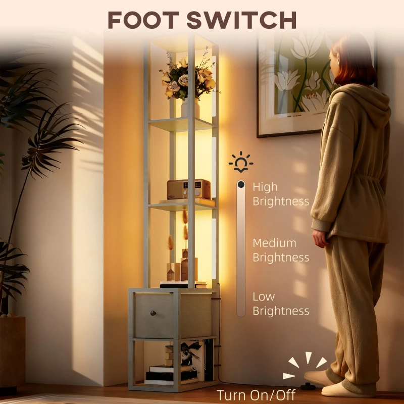 HOMCOM Floor Lamp with Shelves, LED Column Modern Standing Lamp with Fabric Drawer, Adjustable Brightness, Foot Switch for Living Room, Bedroom, Office, Oak