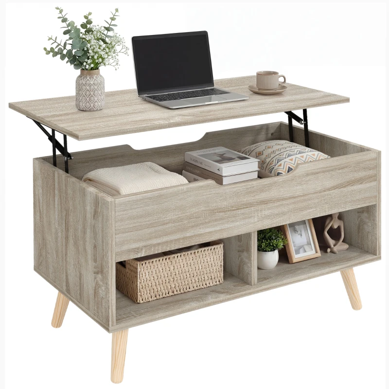 HOMCOM Mesa de centro elevável, mesa de sala com compartimento oculto e prateleiras abertas, 75 x 40 x 58 cm, madeira natural