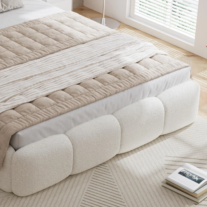 Plush Boucle Bed with Hydraulic Storage and Raised Headboard, Durable Frame with Slats, Self-Assembly, 204.5L x 142W x 100.5H cm, Beige