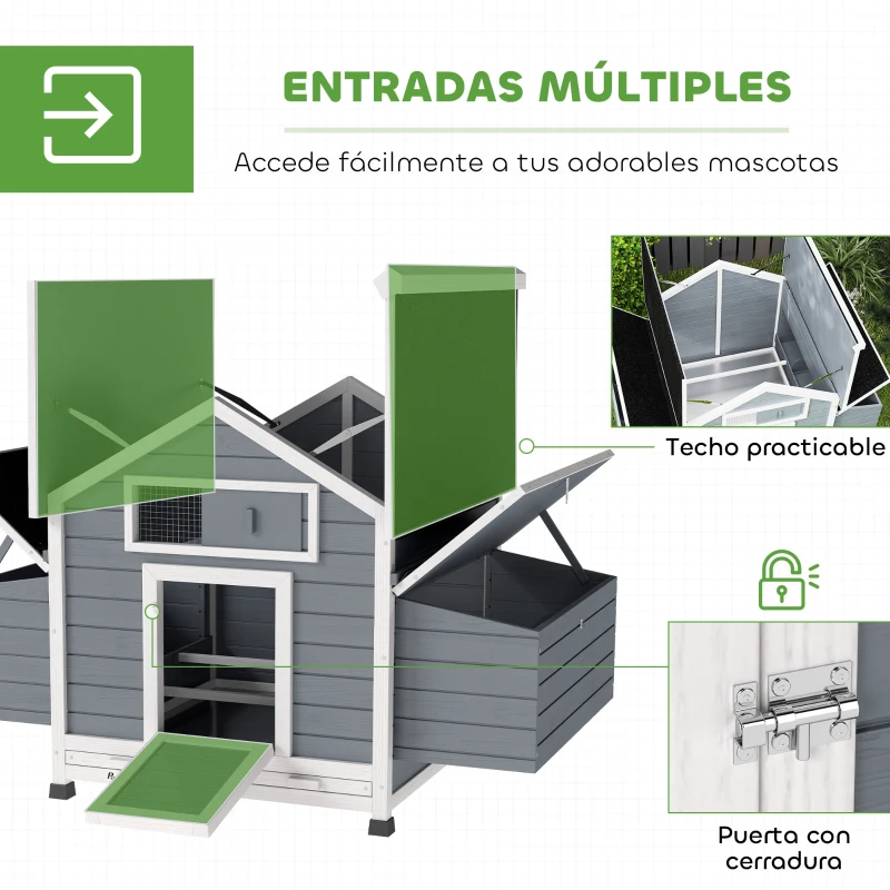 PawHut Gallinero de Madera para Exterior con 2 Nidos Bandeja Extraíble Perchas Techo Impermeable 150x100x96,5 cm Gris