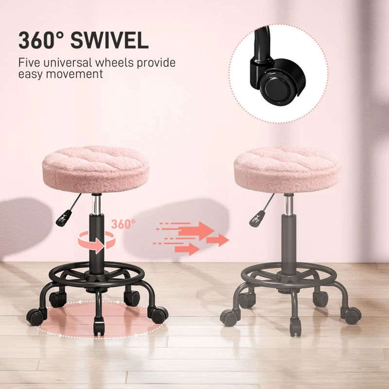 HOMCOM Regulowany stołek na kółkach, obrotowy, 55-66 cm, różowy, Ø50 x 50-66 cm
