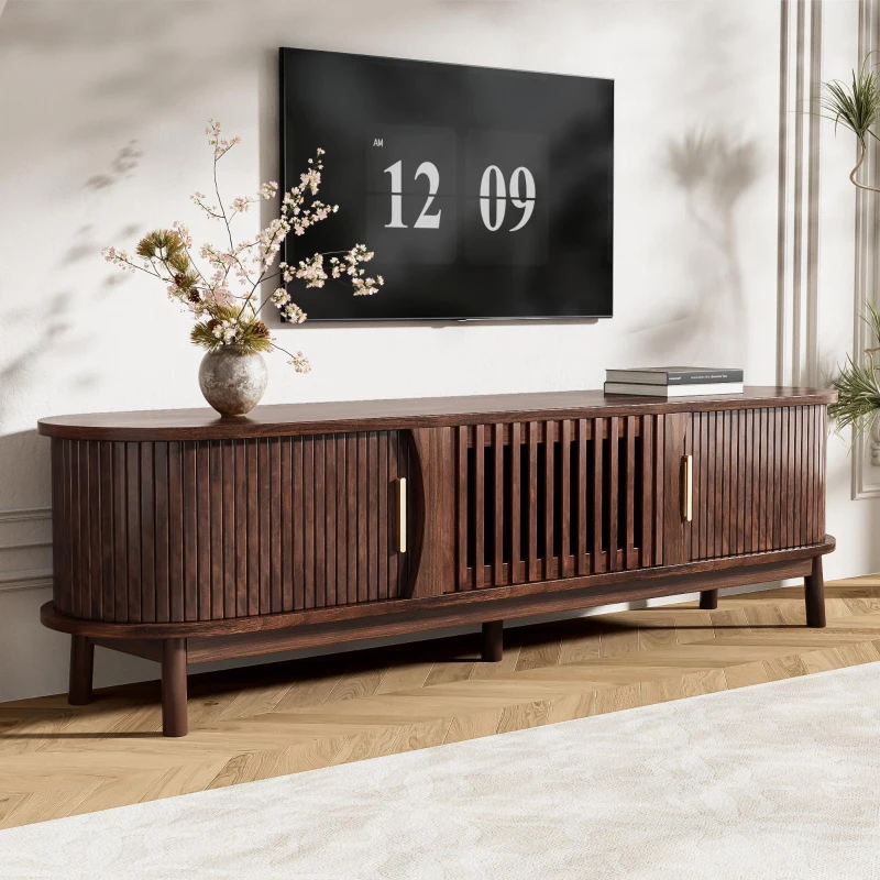 Retro MDF TV Stand with Sliding Wood-Slat Doors, Sturdy Unit with 3 Compartments for 65-Inch TV, 165L x 39.5W x 46H cm, Dark Oak