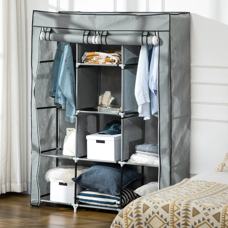 HOMCOM Armoire penderie multi-rangement - 8 étagères, 2 barres - non tissé gris