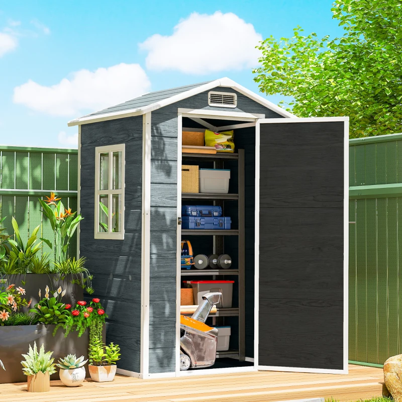 Outsunny Tuinschuur 1,1 m² Opbergschuur met Houtlook Venster Zadeldak Ventilatie Bodem Slot Handschoenen Grijs