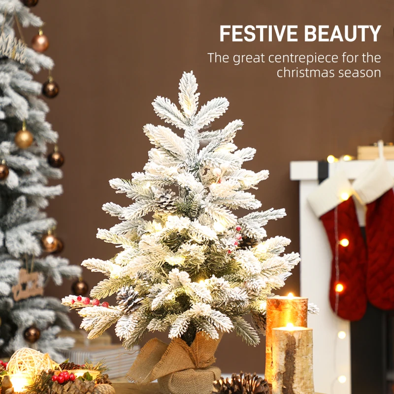 HOMCOM 60 cm Prelit Small Christmas Tree with 35 LED Lights, Snow Flocked Tabletop Mini Xmas Tree with Pine Cones, Berry Clusters and Linen Cover Base, Battery Operated, Green