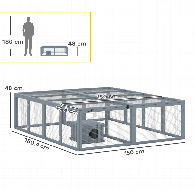 PawHut Recinto para coelhos em madeira com 2 portas Casa de abrigo para 2-4 coelhos-anões 180,4 x 150 x 48 cm Cinza