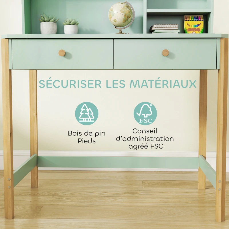 AIYAPLAY Bureau enfant en bois, bureau avec rangement, 2 tiroirs et 3 compartiments ouverts, plateau large, 90x52x105cm, vert