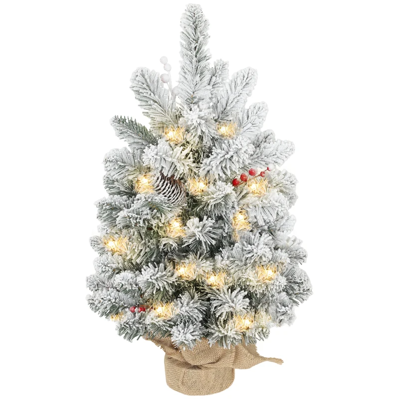 HOMCOM 60 cm Prelit Small Christmas Tree with 35 LED Lights, Snow Flocked Tabletop Mini Xmas Tree with 72 Dense Branches, Pine Cones, Berry Clusters and Linen Cover Base, Battery Operated, Green