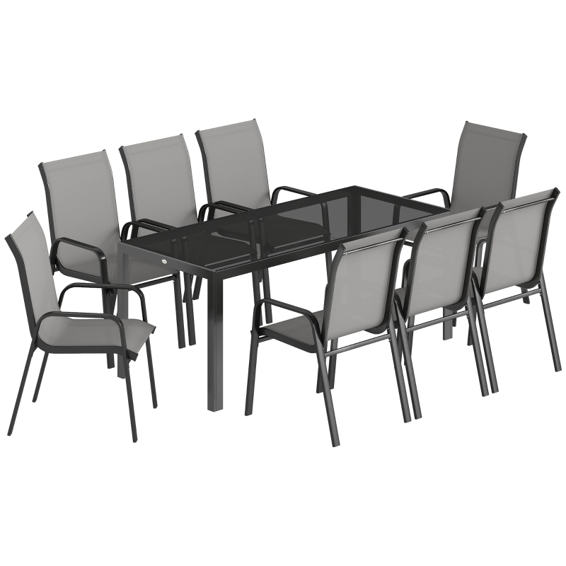 Outsunny Conjunto de Jantar para Jardim 9 peças Mesa e Cadeiras para 8 Pessoas Conjunto de Exterior com Tampo em Vidro Temperado Cinza