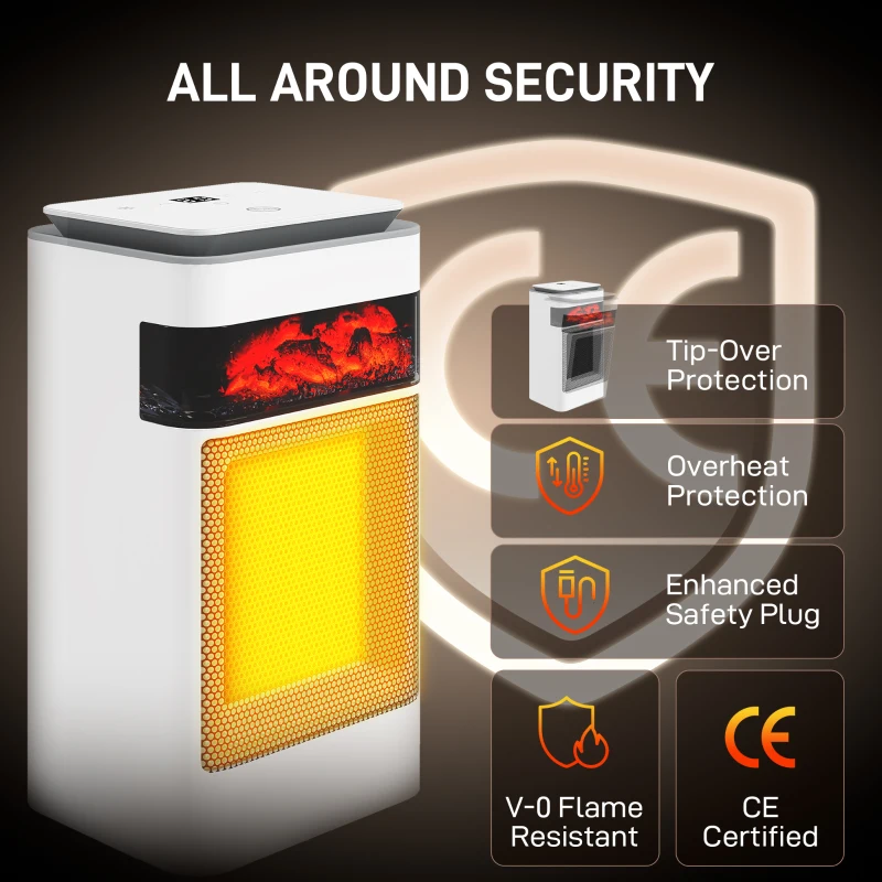 HOMCOM Ceramic Electric Heater, 1500W Fan Space Heater with 3 Modes, 24H Timer, Flame Effect, Oscillation for Bedroom, White