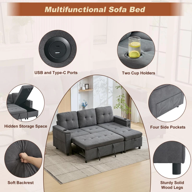 L-Shaped 3-Seater Sofa Bed with Hidden Storage, App-Controlled LED Light, Pull-Out Sofa for Compact Areas, 208L x 146W x 89.5H cm, Grey