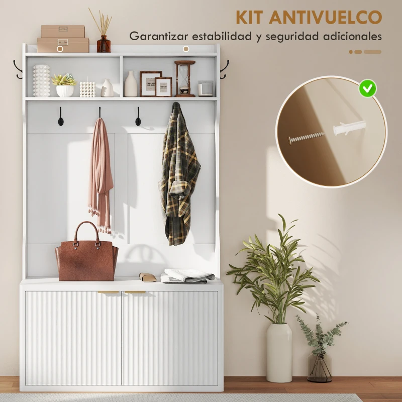 HOMCOM Perchero Zapatero 4 en 1 Perchero Moderno con Estante Abierto para Pasillo Entrada Dormitorio 100x38x172 cm Blanco